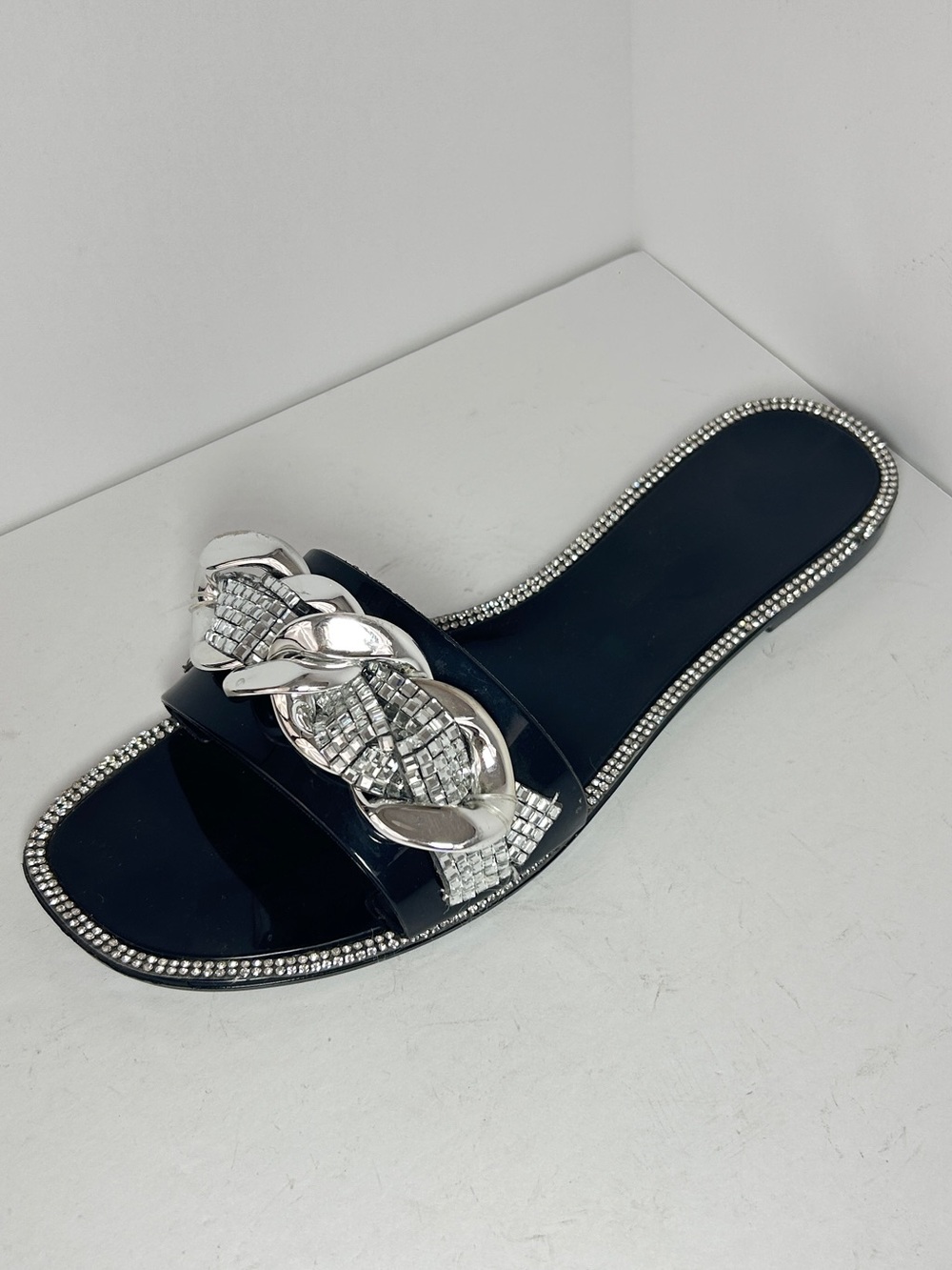 Black Slide Sandal with Silver Chain and Rhinestone Trim